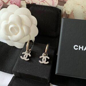 Authentic CHANEL 2022 crystal two tone CC charm hoop earrings